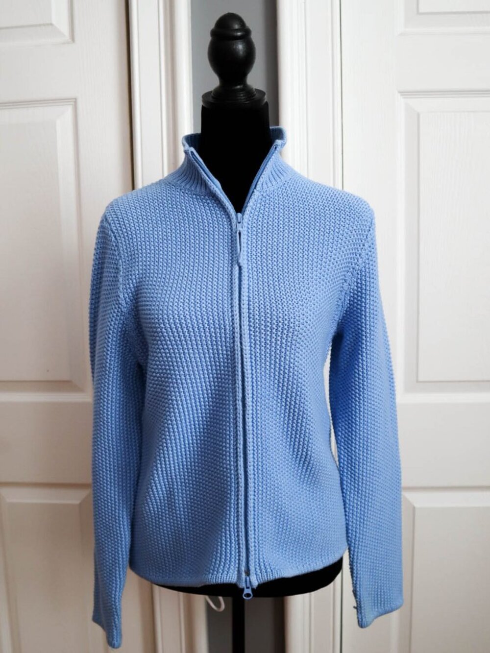 LL Bean Seed Stitch Zippered Cardigan Sweater Pima Cotton Blue Sz M